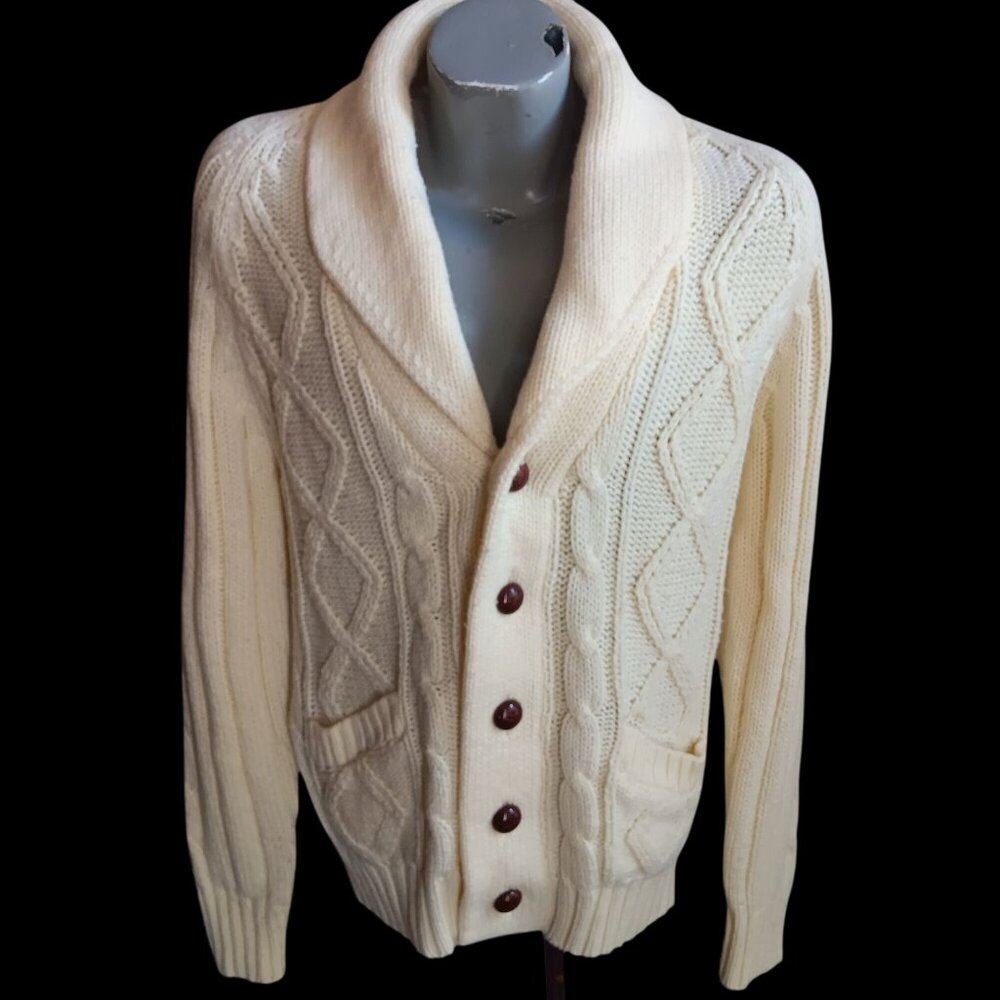 Men's Medium Cardigan Sweater Jacket True Vintage Sigallo Cream Cable Knit Shawl
